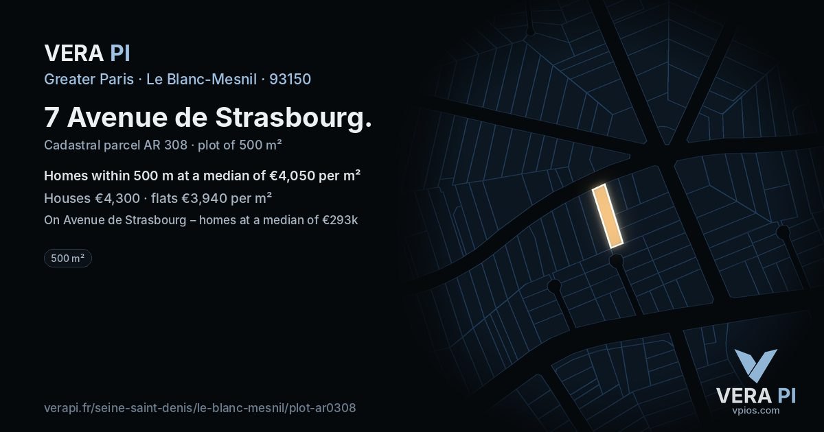 7 Avenue de Strasbourg, Le Blanc-Mesnil at night – the plot lit, the parcels around coloured by the prices near them