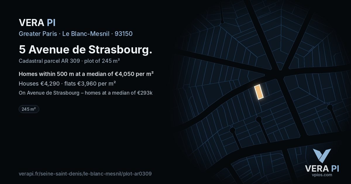 5 Avenue de Strasbourg, Le Blanc-Mesnil at night – the plot lit, the parcels around coloured by the prices near them