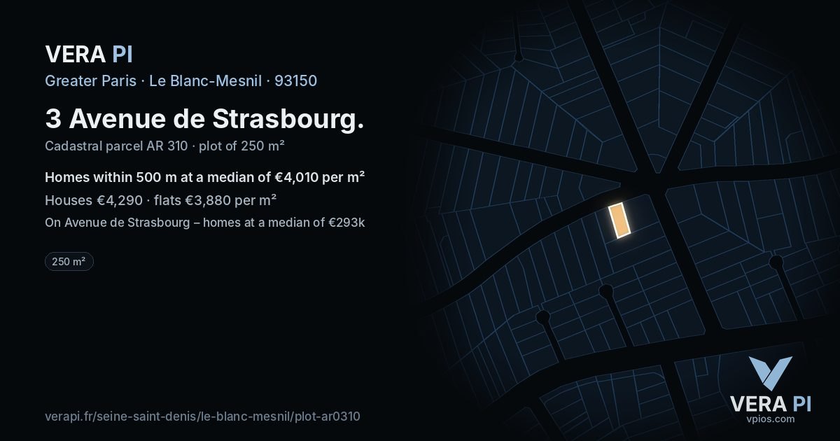 3 Avenue de Strasbourg, Le Blanc-Mesnil at night – the plot lit, the parcels around coloured by the prices near them