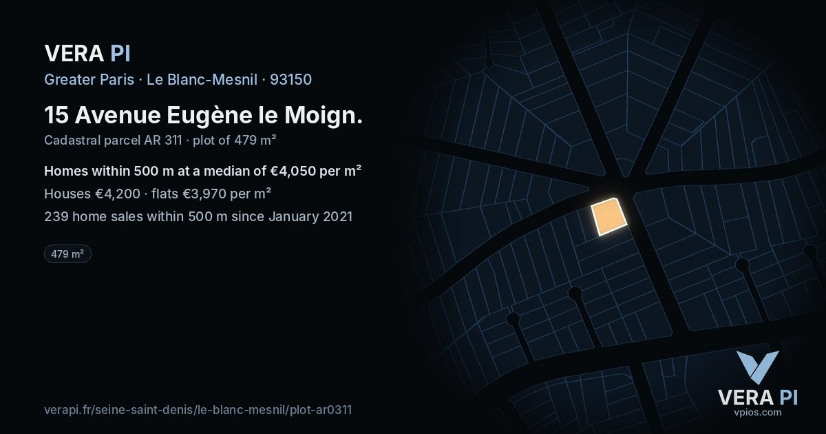 15 Avenue Eugène le Moign, Le Blanc-Mesnil at night – the plot lit, the parcels around coloured by the prices near them