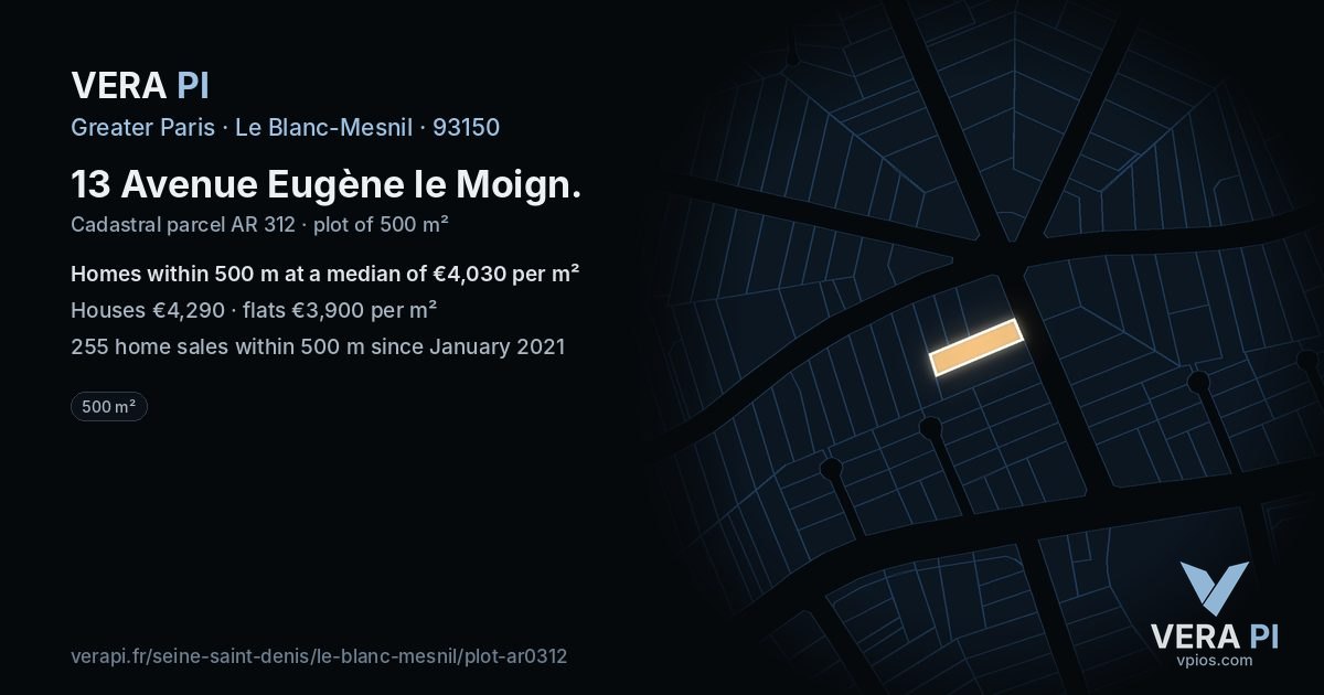 13 Avenue Eugène le Moign, Le Blanc-Mesnil at night – the plot lit, the parcels around coloured by the prices near them