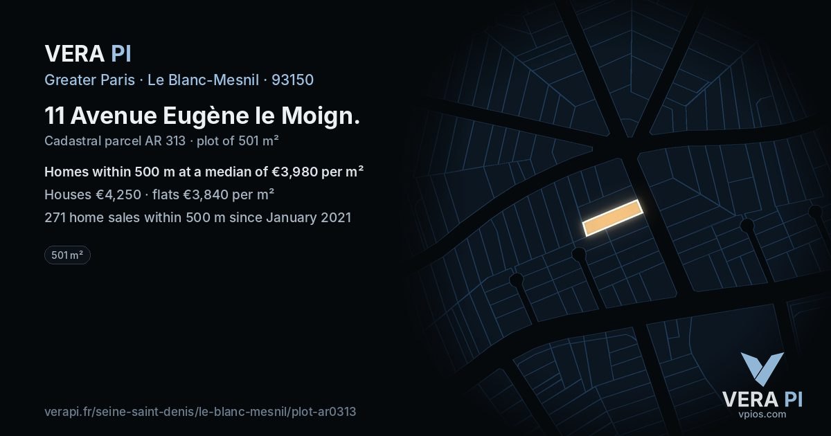 11 Avenue Eugène le Moign, Le Blanc-Mesnil at night – the plot lit, the parcels around coloured by the prices near them