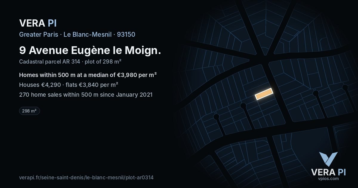 9 Avenue Eugène le Moign, Le Blanc-Mesnil at night – the plot lit, the parcels around coloured by the prices near them