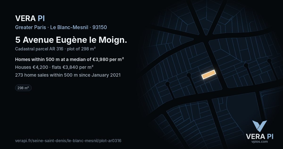 5 Avenue Eugène le Moign, Le Blanc-Mesnil at night – the plot lit, the parcels around coloured by the prices near them