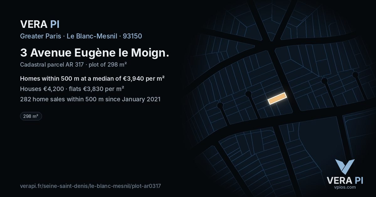 3 Avenue Eugène le Moign, Le Blanc-Mesnil at night – the plot lit, the parcels around coloured by the prices near them