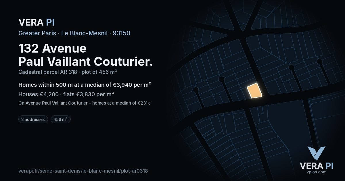 132 Avenue Paul Vaillant Couturier, Le Blanc-Mesnil at night – the plot lit, the parcels around coloured by the prices near them