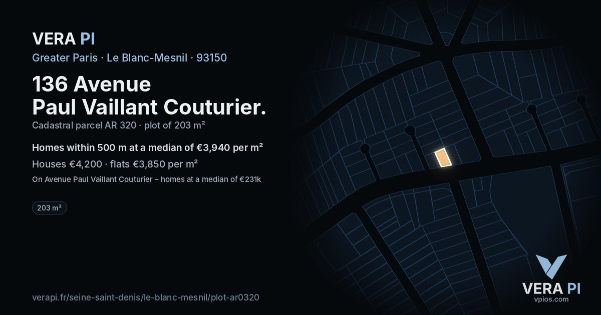 136 Avenue Paul Vaillant Couturier, Le Blanc-Mesnil at night – the plot lit, the parcels around coloured by the prices near them