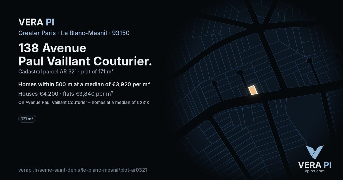 138 Avenue Paul Vaillant Couturier, Le Blanc-Mesnil at night – the plot lit, the parcels around coloured by the prices near them