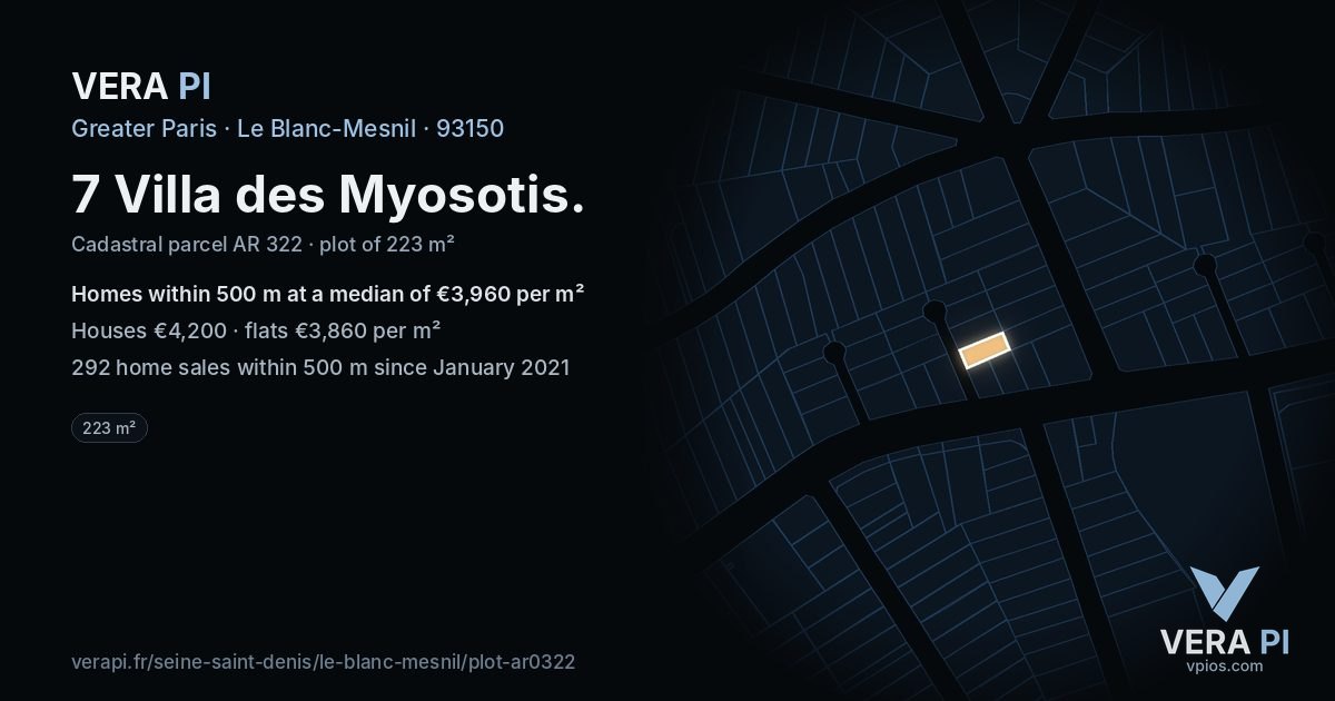 7 Villa des Myosotis, Le Blanc-Mesnil at night – the plot lit, the parcels around coloured by the prices near them