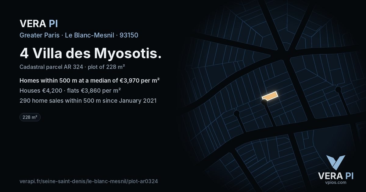4 Villa des Myosotis, Le Blanc-Mesnil at night – the plot lit, the parcels around coloured by the prices near them