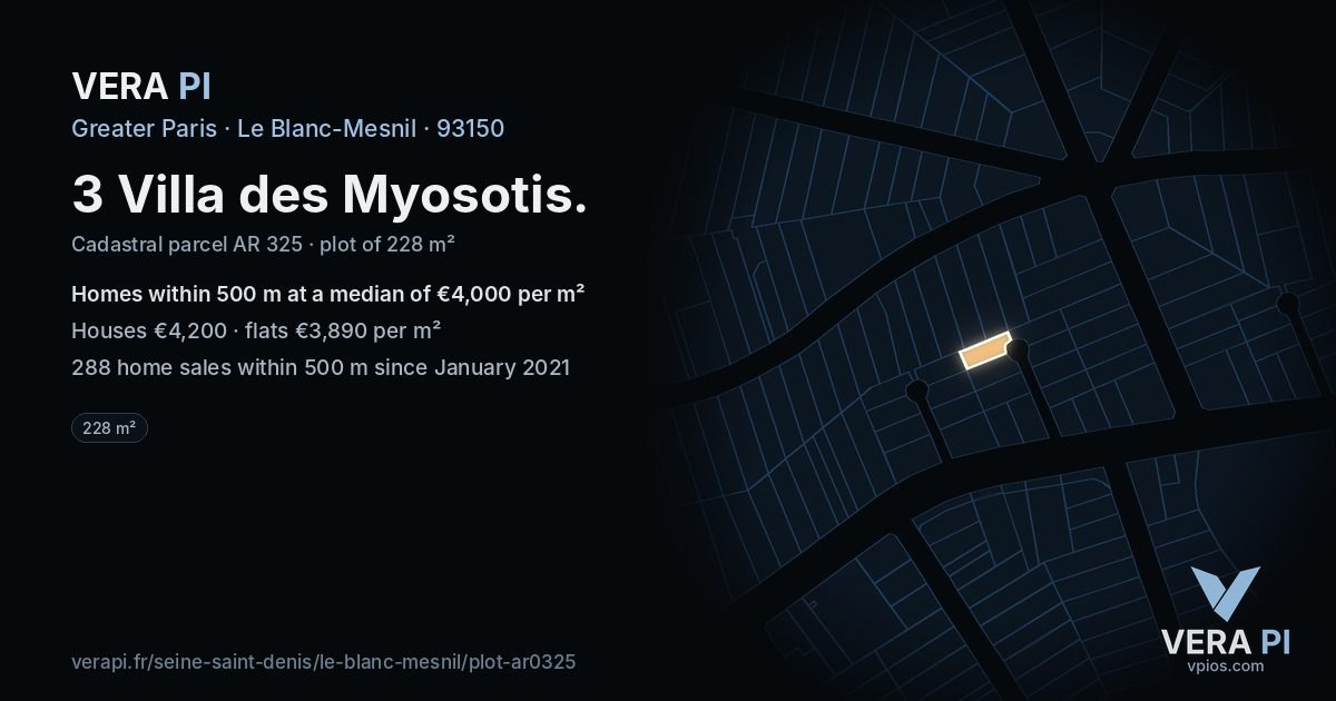 3 Villa des Myosotis, Le Blanc-Mesnil at night – the plot lit, the parcels around coloured by the prices near them