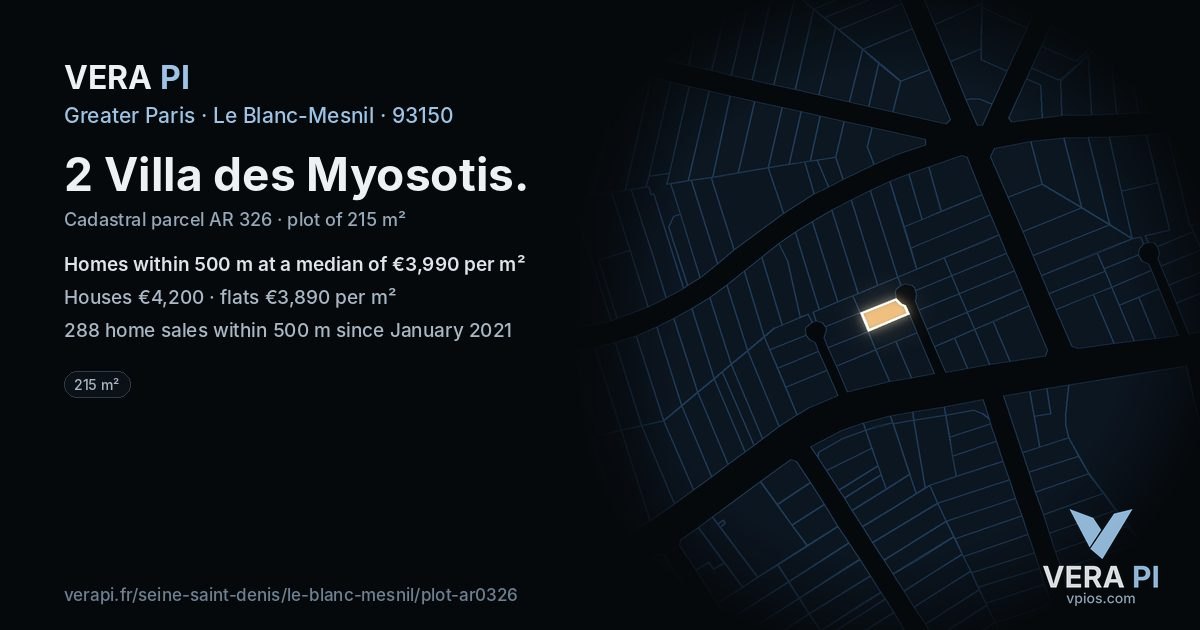 2 Villa des Myosotis, Le Blanc-Mesnil at night – the plot lit, the parcels around coloured by the prices near them