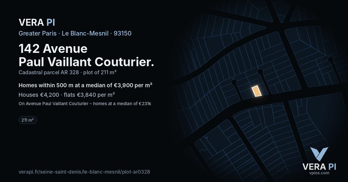 142 Avenue Paul Vaillant Couturier, Le Blanc-Mesnil at night – the plot lit, the parcels around coloured by the prices near them