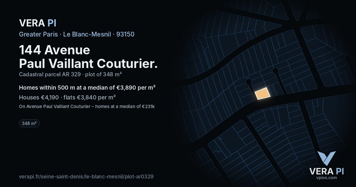 144 Avenue Paul Vaillant Couturier, Le Blanc-Mesnil at night – the plot lit, the parcels around coloured by the prices near them