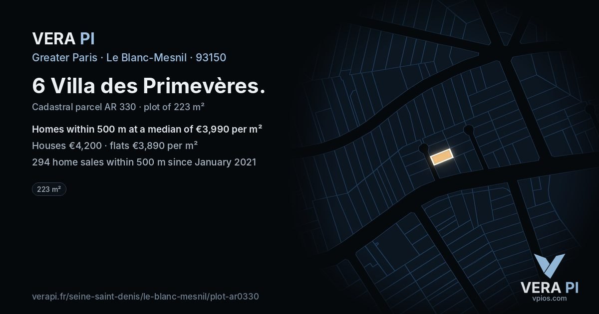 6 Villa des Primevères, Le Blanc-Mesnil at night – the plot lit, the parcels around coloured by the prices near them