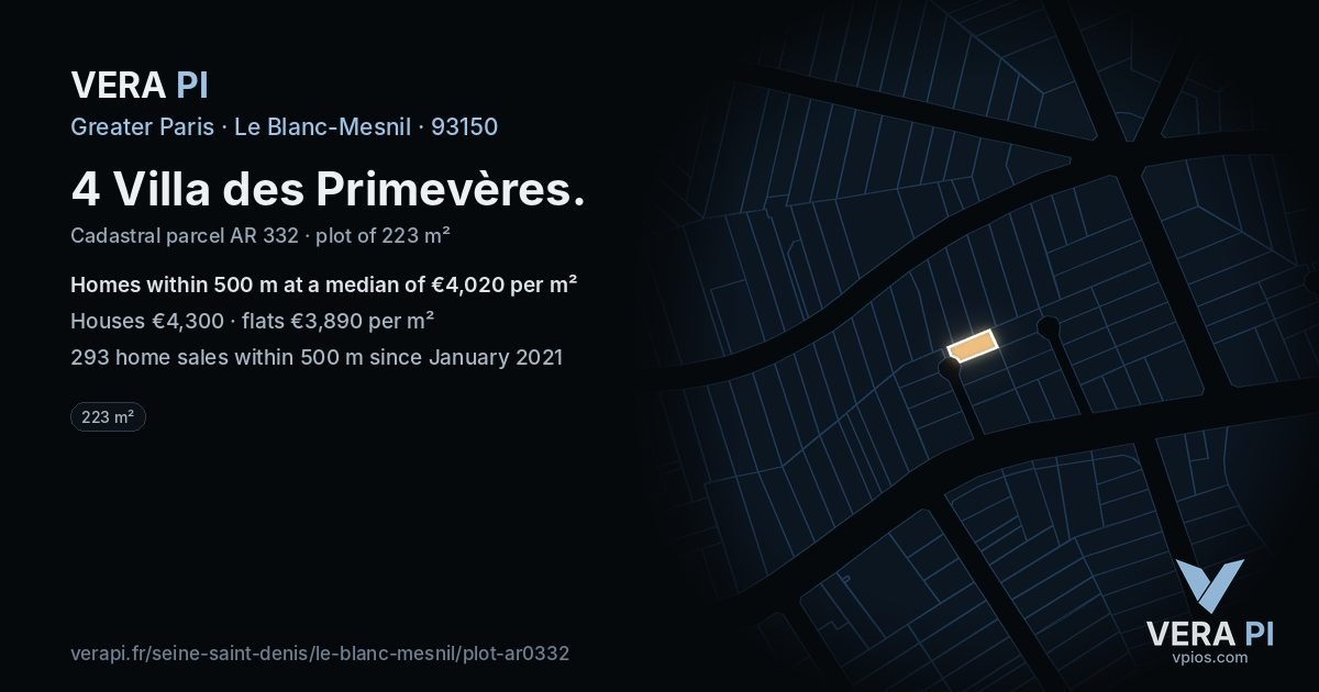 4 Villa des Primevères, Le Blanc-Mesnil at night – the plot lit, the parcels around coloured by the prices near them