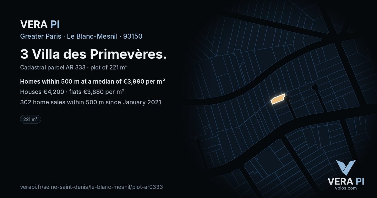 3 Villa des Primevères, Le Blanc-Mesnil at night – the plot lit, the parcels around coloured by the prices near them