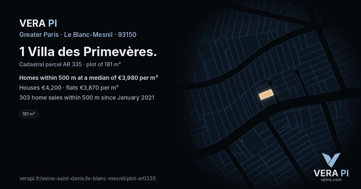 1 Villa des Primevères, Le Blanc-Mesnil at night – the plot lit, the parcels around coloured by the prices near them