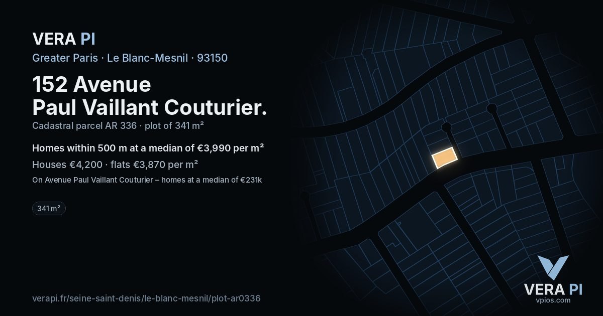 152 Avenue Paul Vaillant Couturier, Le Blanc-Mesnil at night – the plot lit, the parcels around coloured by the prices near them