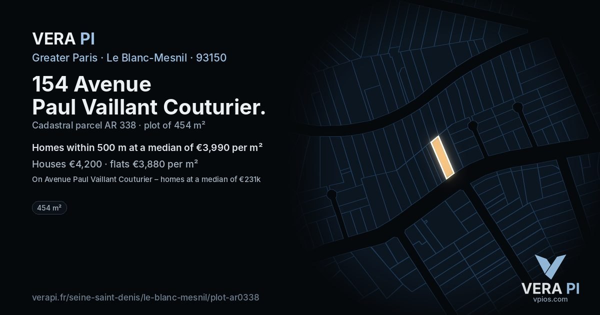 154 Avenue Paul Vaillant Couturier, Le Blanc-Mesnil at night – the plot lit, the parcels around coloured by the prices near them