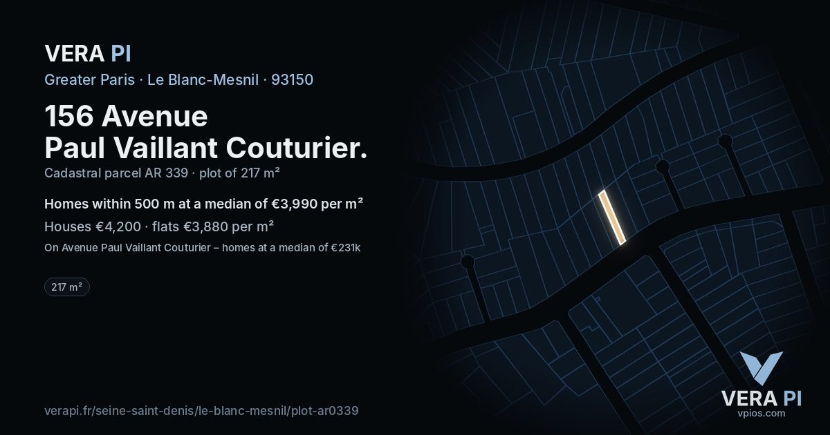 156 Avenue Paul Vaillant Couturier, Le Blanc-Mesnil at night – the plot lit, the parcels around coloured by the prices near them
