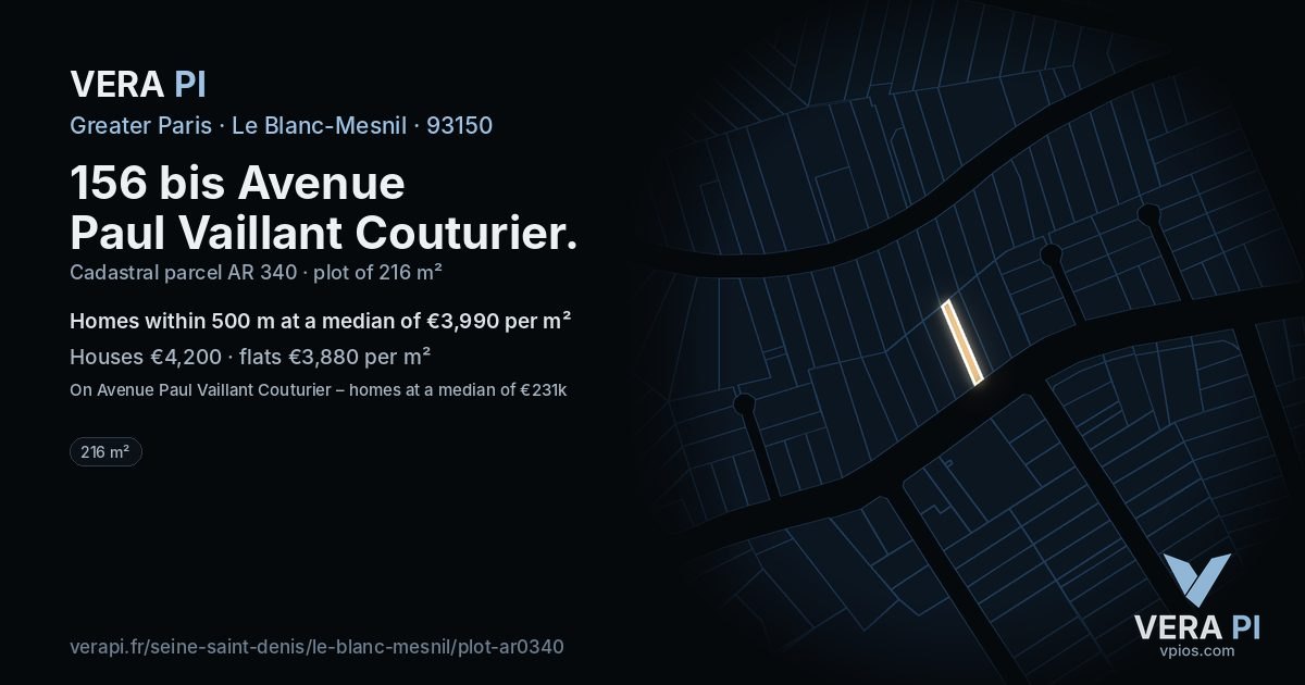 156 bis Avenue Paul Vaillant Couturier, Le Blanc-Mesnil at night – the plot lit, the parcels around coloured by the prices near them