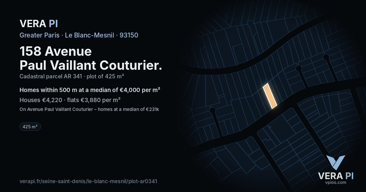 158 Avenue Paul Vaillant Couturier, Le Blanc-Mesnil at night – the plot lit, the parcels around coloured by the prices near them