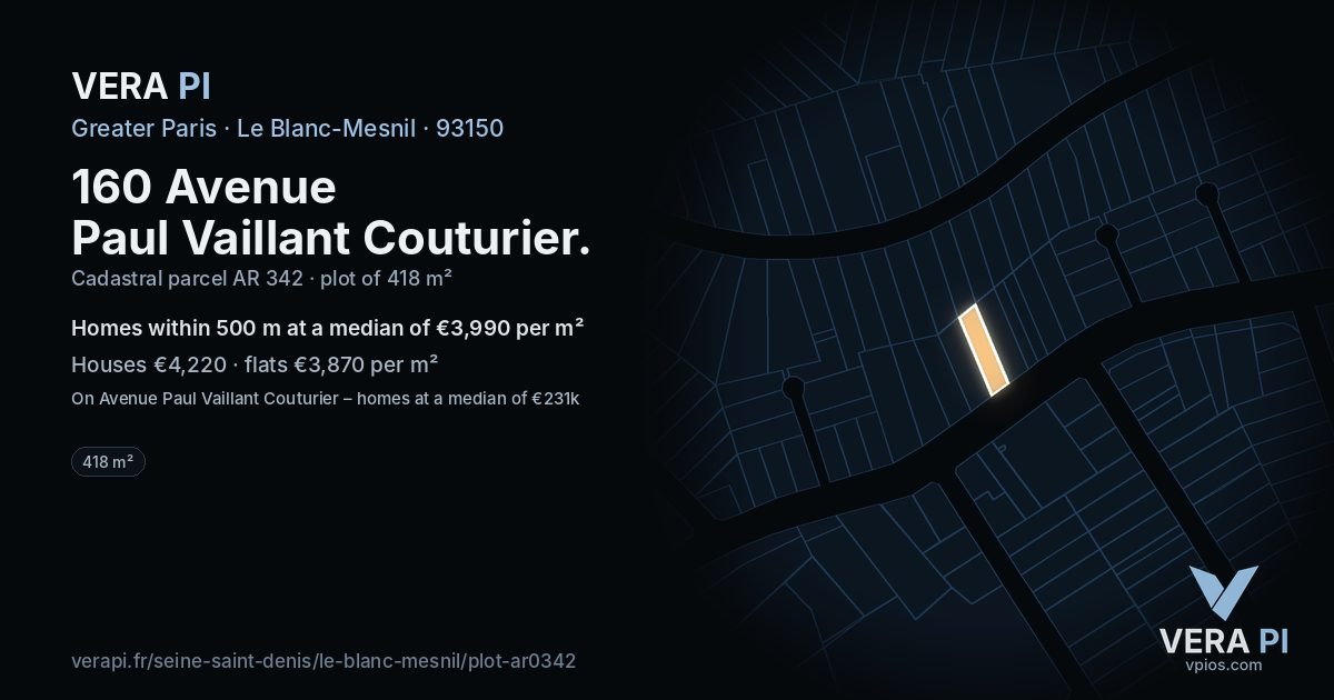 160 Avenue Paul Vaillant Couturier, Le Blanc-Mesnil at night – the plot lit, the parcels around coloured by the prices near them