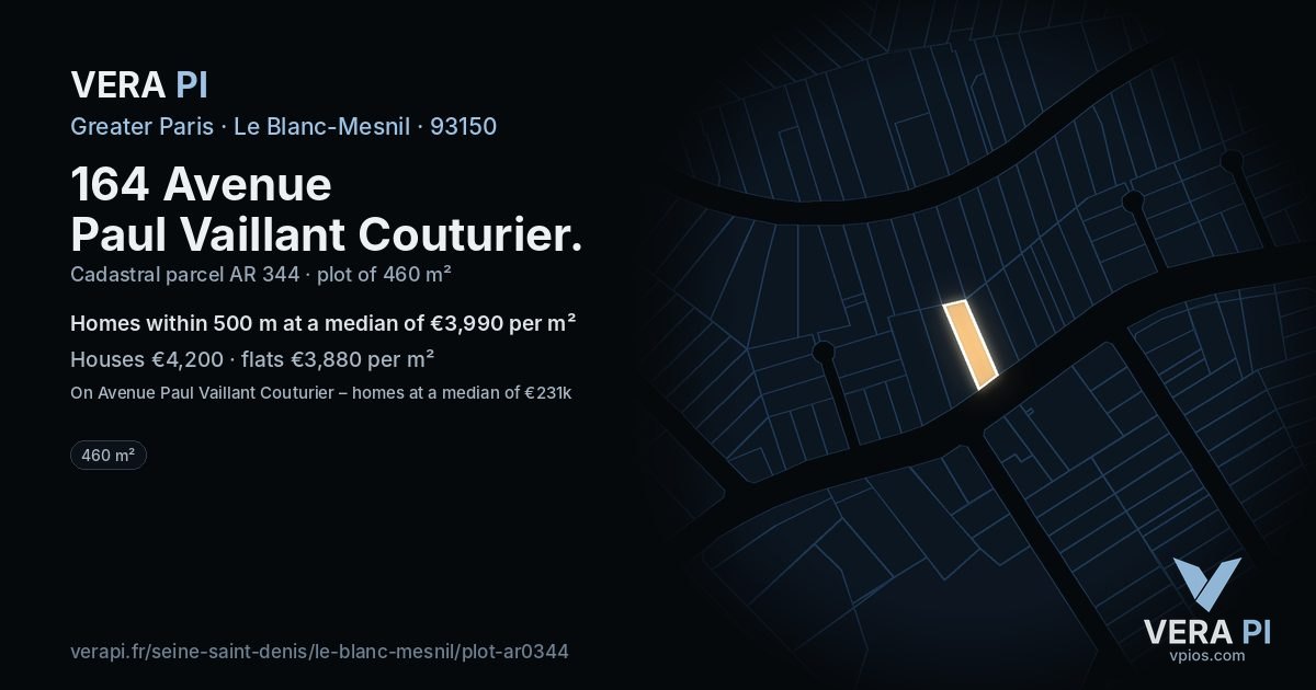 164 Avenue Paul Vaillant Couturier, Le Blanc-Mesnil at night – the plot lit, the parcels around coloured by the prices near them