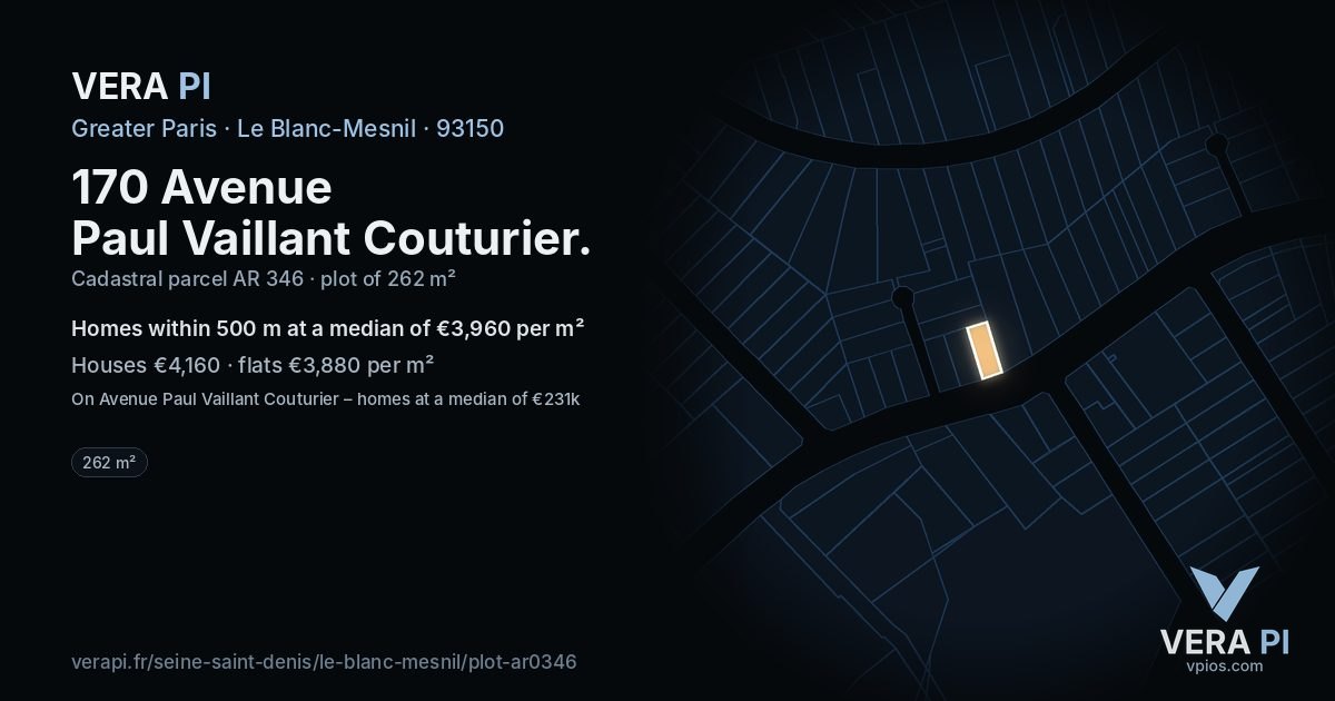 170 Avenue Paul Vaillant Couturier, Le Blanc-Mesnil at night – the plot lit, the parcels around coloured by the prices near them
