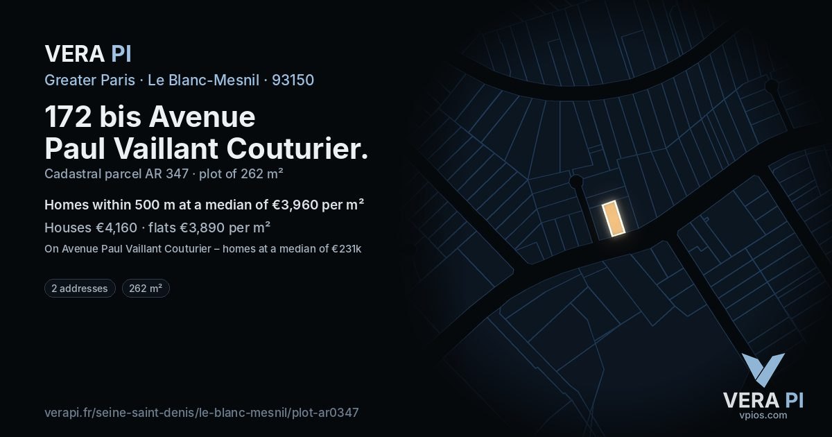 172 bis Avenue Paul Vaillant Couturier, Le Blanc-Mesnil at night – the plot lit, the parcels around coloured by the prices near them