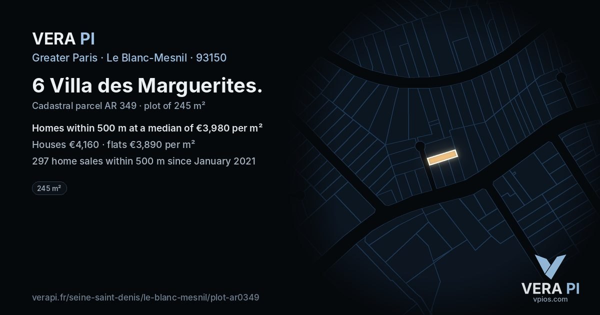 6 Villa des Marguerites, Le Blanc-Mesnil at night – the plot lit, the parcels around coloured by the prices near them