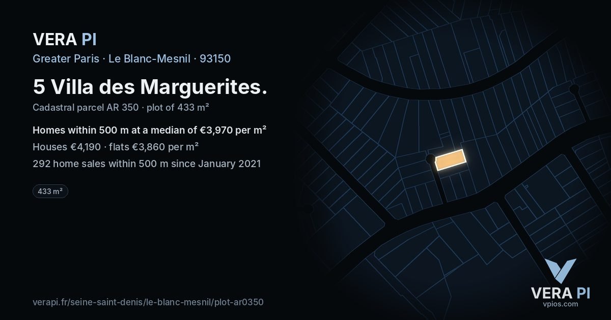 5 Villa des Marguerites, Le Blanc-Mesnil at night – the plot lit, the parcels around coloured by the prices near them