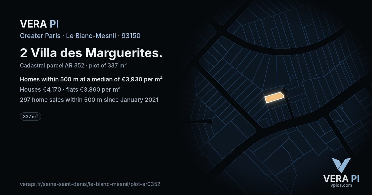 2 Villa des Marguerites, Le Blanc-Mesnil at night – the plot lit, the parcels around coloured by the prices near them