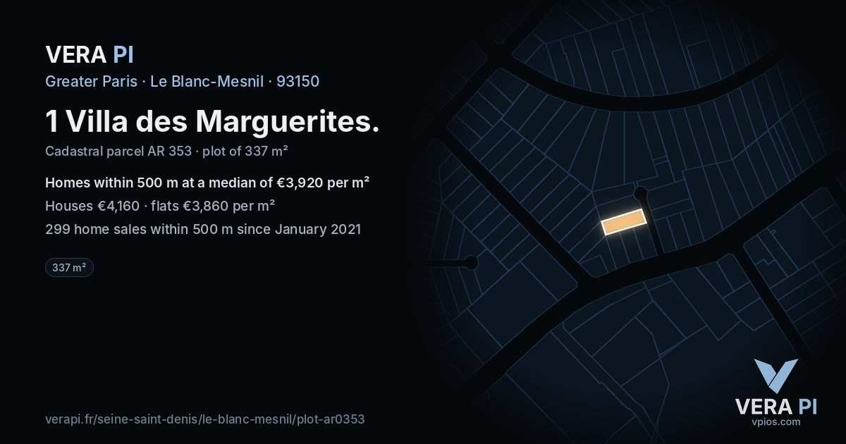 1 Villa des Marguerites, Le Blanc-Mesnil at night – the plot lit, the parcels around coloured by the prices near them