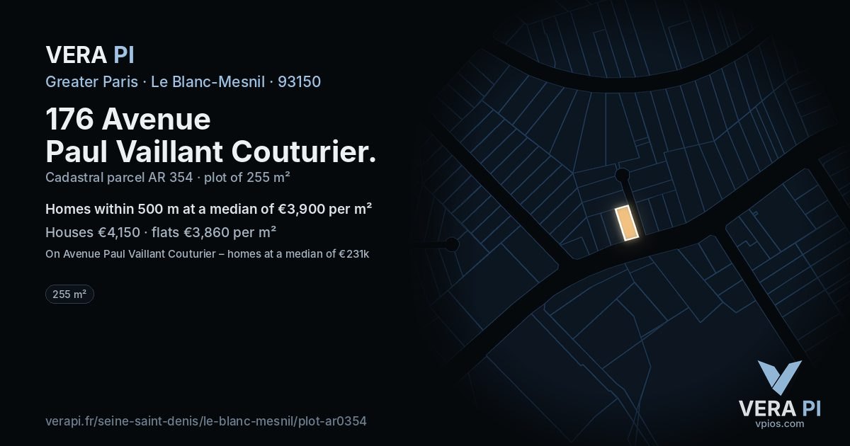 176 Avenue Paul Vaillant Couturier, Le Blanc-Mesnil at night – the plot lit, the parcels around coloured by the prices near them