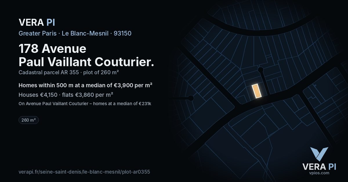 178 Avenue Paul Vaillant Couturier, Le Blanc-Mesnil at night – the plot lit, the parcels around coloured by the prices near them
