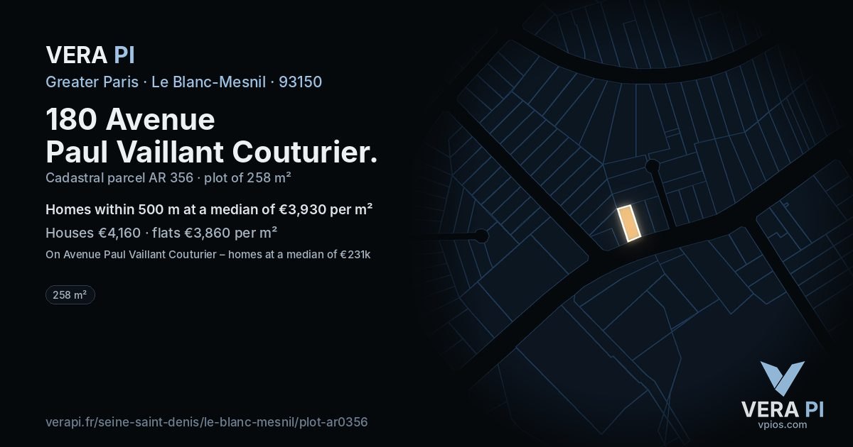 180 Avenue Paul Vaillant Couturier, Le Blanc-Mesnil at night – the plot lit, the parcels around coloured by the prices near them