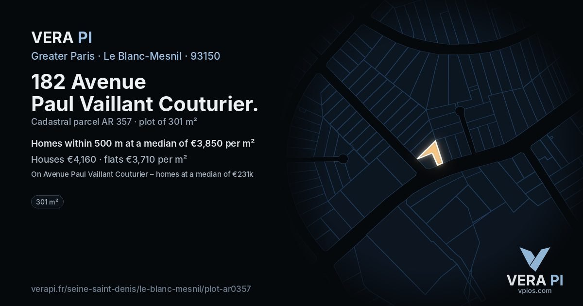 182 Avenue Paul Vaillant Couturier, Le Blanc-Mesnil at night – the plot lit, the parcels around coloured by the prices near them