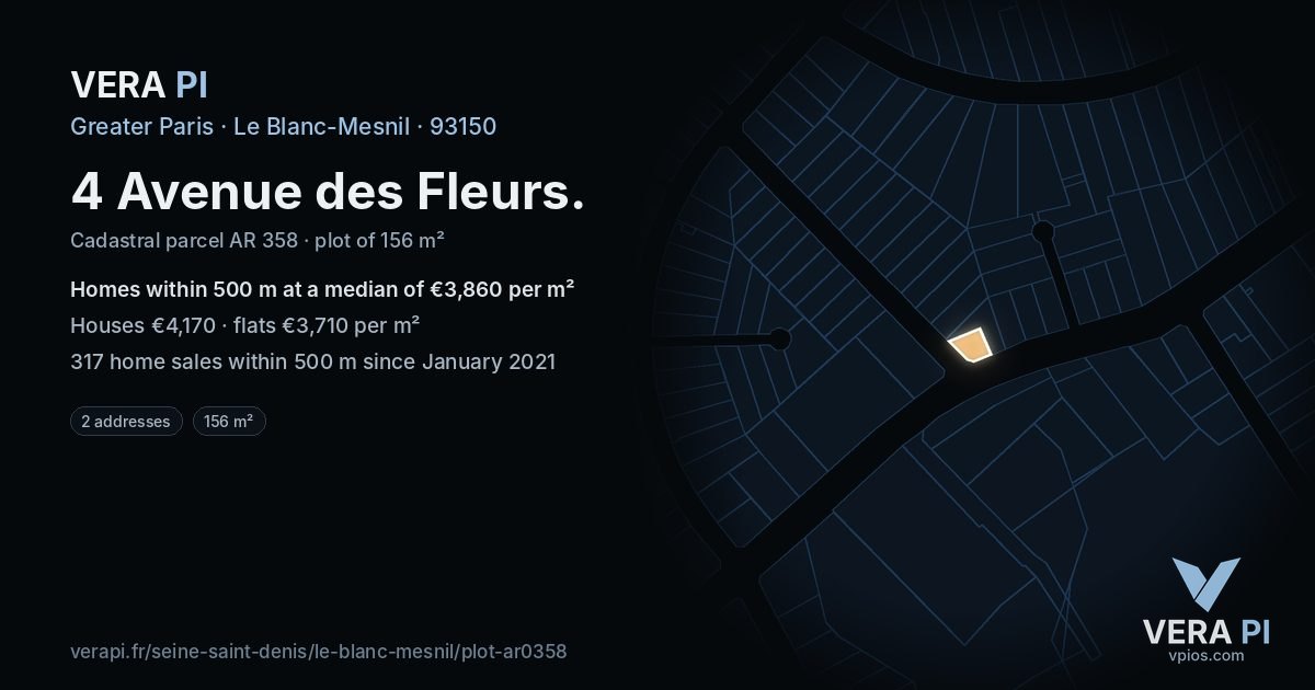 4 Avenue des Fleurs, Le Blanc-Mesnil at night – the plot lit, the parcels around coloured by the prices near them