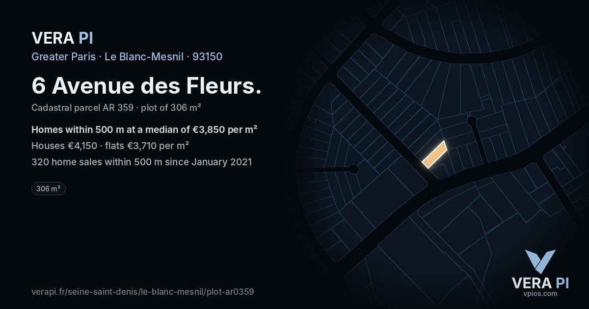 6 Avenue des Fleurs, Le Blanc-Mesnil at night – the plot lit, the parcels around coloured by the prices near them