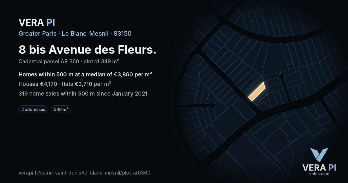 8 bis Avenue des Fleurs, Le Blanc-Mesnil at night – the plot lit, the parcels around coloured by the prices near them
