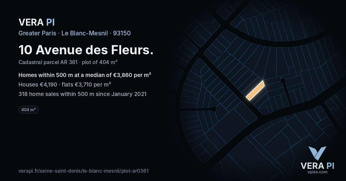 10 Avenue des Fleurs, Le Blanc-Mesnil at night – the plot lit, the parcels around coloured by the prices near them