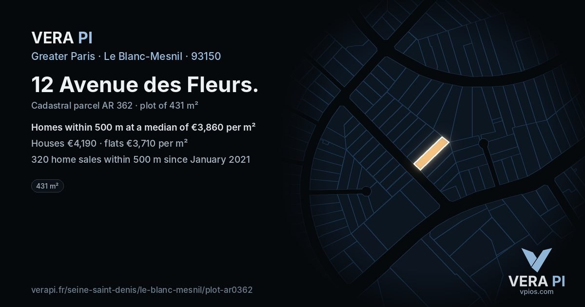 12 Avenue des Fleurs, Le Blanc-Mesnil at night – the plot lit, the parcels around coloured by the prices near them