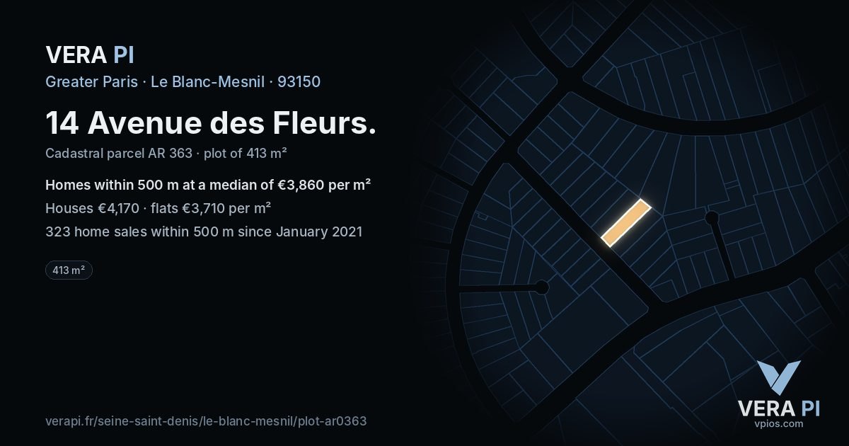 14 Avenue des Fleurs, Le Blanc-Mesnil at night – the plot lit, the parcels around coloured by the prices near them