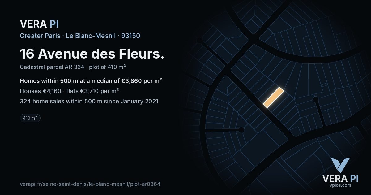 16 Avenue des Fleurs, Le Blanc-Mesnil at night – the plot lit, the parcels around coloured by the prices near them