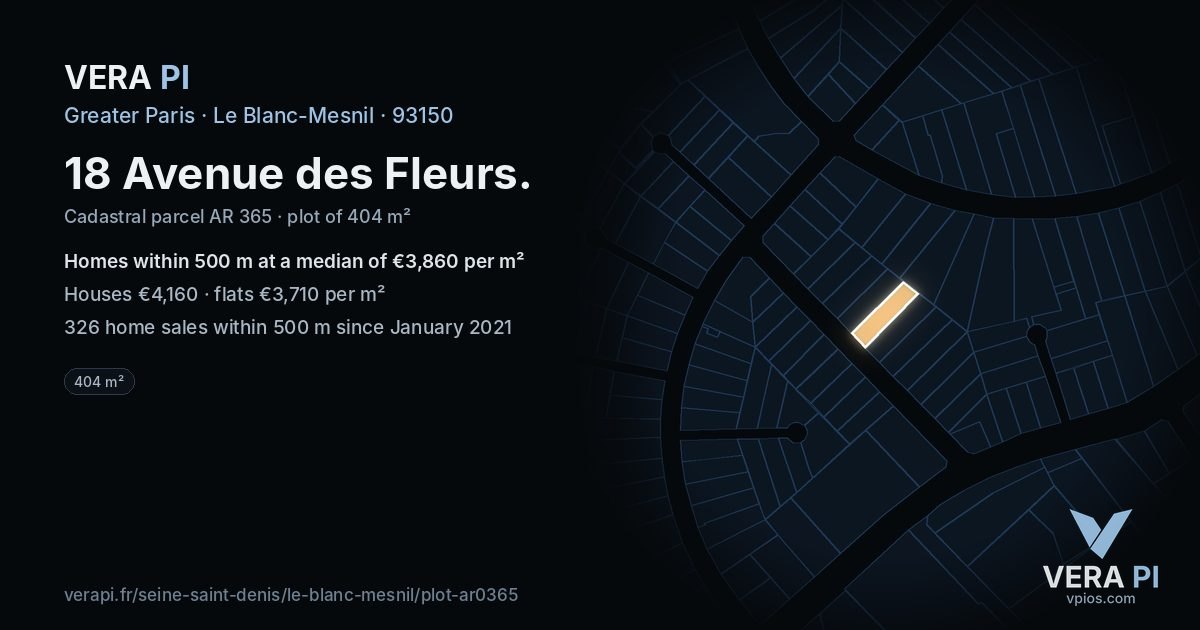 18 Avenue des Fleurs, Le Blanc-Mesnil at night – the plot lit, the parcels around coloured by the prices near them