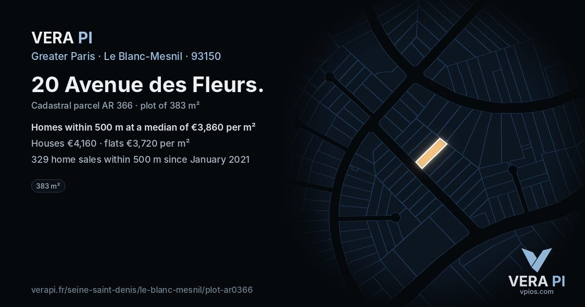 20 Avenue des Fleurs, Le Blanc-Mesnil at night – the plot lit, the parcels around coloured by the prices near them