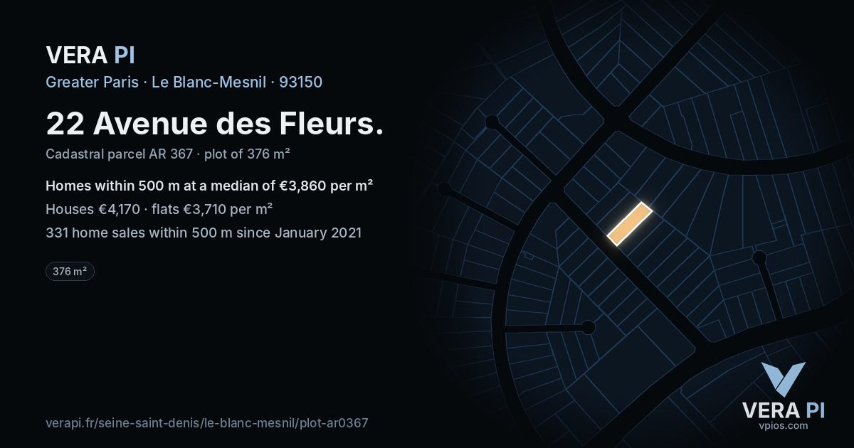 22 Avenue des Fleurs, Le Blanc-Mesnil at night – the plot lit, the parcels around coloured by the prices near them