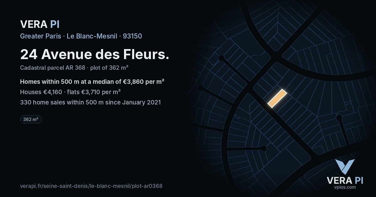 24 Avenue des Fleurs, Le Blanc-Mesnil at night – the plot lit, the parcels around coloured by the prices near them